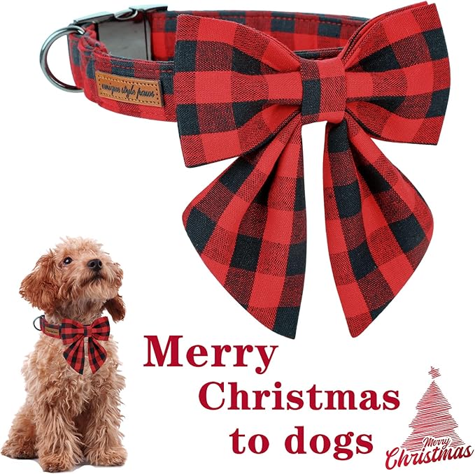 Unique style paws Christmas Dog Collar with Bow Tie Classic Red Plaid Puppy Collar for Small Medium Large Dogs as Holiday Winter Gifts-S