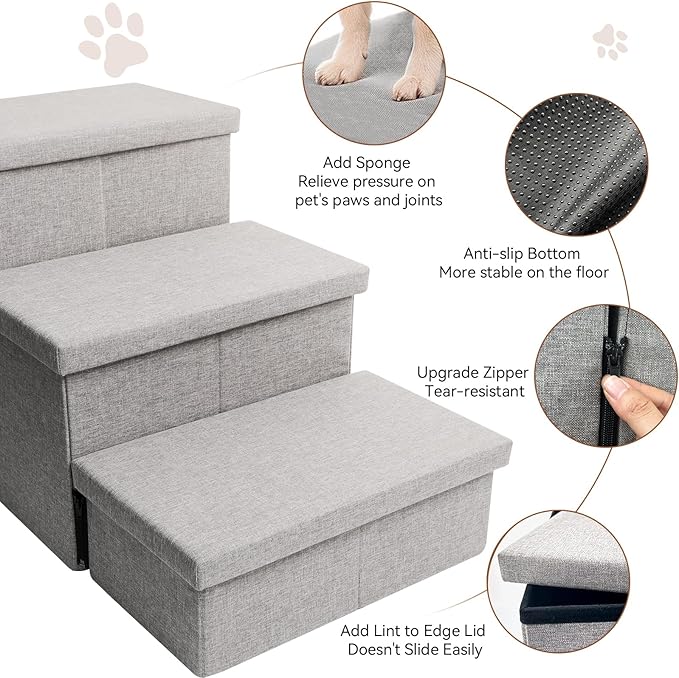 Dog Stairs with Condo 18" H, 3-Step Wider Dog Steps for High Beds Couch, Folding Storage Pet Stairs Gift for Small/Medium/Large Old Dogs Cats, Ramp for Climbing Car Up to 200 lbs, Smok Gray