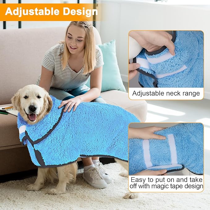 Dog Bathrobe Super Absorbent Dog Towels for Drying Dogs Large Quick Drying Puppy Robes for After Bath Soft Puppy Towel Adjustable Dry Coat to Keep Warm(S-XXL)