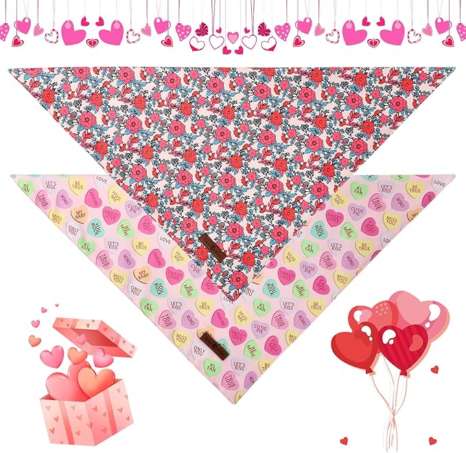 Lionet Paws Valentine's 2pcs Dog Bandanas, Red Floral Dog Scarf Bib Premium Fabric, Happy Valentine Heart Bandanas for Small Medium Dogs Pets