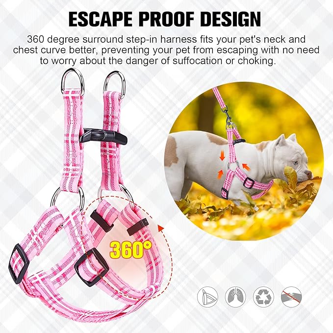 BEAUTYZOO No Pull Dog Harness and Leash Set - Adjustable Step-in Puppy Harness for Medium Large Dogs, Escape Proof Soft Nylon Vest with Double D Ring for Walking Running Training, Pink Plaid L