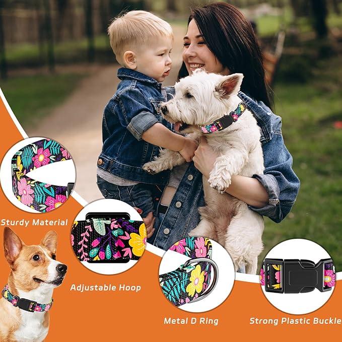 Dog Collar, Cute Floral Puppy Collar for Boys Girls Small Medium Large Dogs, Adjustable Soft Fancy Flower Pattern Collar with Quick Release Buckle for Males Females, Black Floral,S