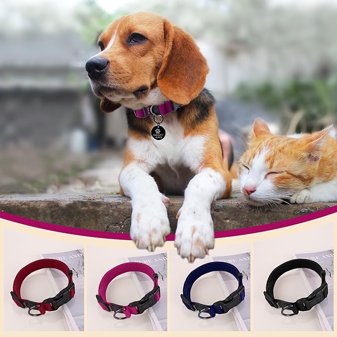 Cotton Soft Dog Collar, Quick Release Dog Collar with Buckle, Heavy-Duty Adjustable Pet Collar for XS Small Medium Large Dog, Colorfast Dog Collars with Removable Tag(M, Rose Red)
