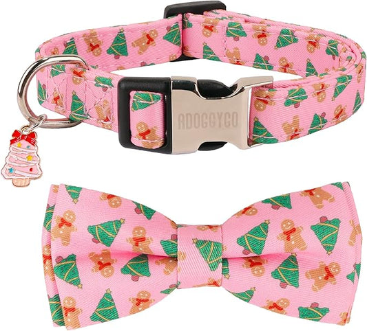 ADOGGYGO Christmas Dog Collar with Detachable Bowtie, Adjustable Pink Pet Christmas Collars for Small Medium Large Dogs (Large)