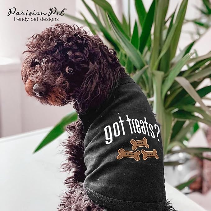 Parisian Pet Dog Tshirt - Embroidered “ Got Treats? “ Dog Shirt - 100% Cotton and Lightweight Dog Clothes - Sleeveless Black Dog Tee Shirts - Machine Washable Dog Shirts for Medium Dogs - M
