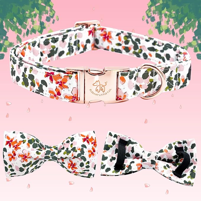 Elegant little tail Dog Collar, Dog Collar with Bowtie, Spring Flower Cute Pink Pet Collar Bow Dog Collars Adjustable Dog Collar for Medium Dogs