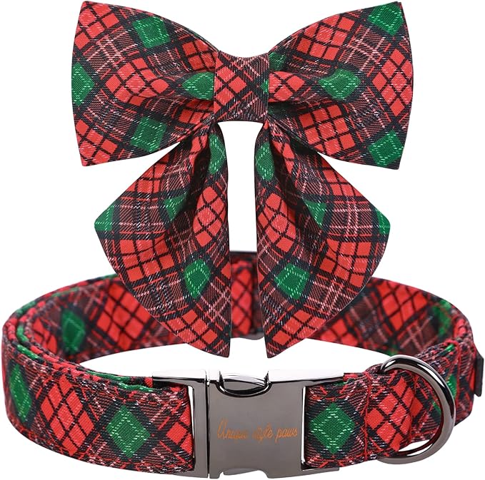 Unique style paws Christmas Dog Collar with Tie Red Green Plaid Adjustable Cotton Puppy Collar for Small Medium Large Dogs-L