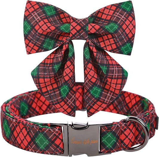 Unique style paws Christmas Dog Collar with Tie Red Green Plaid Adjustable Cotton Puppy Collar for Small Medium Large Dogs-L