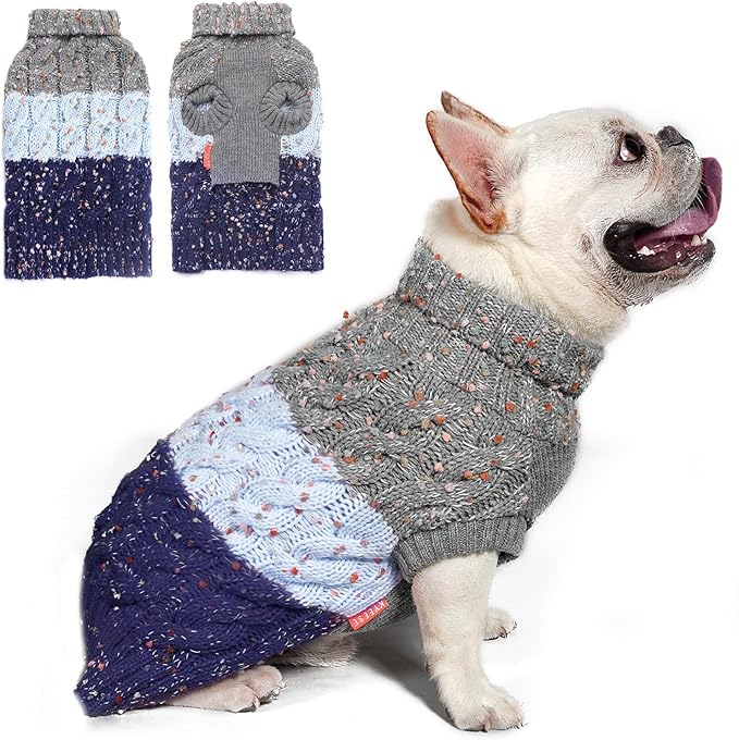 KYEESE Color Block Sweater With Fuzzy Thread Knitted Turtleneck Knitwear With Dots in Variety of Colors for Small Dogs Fall Winter Clothes, Navyblue, M