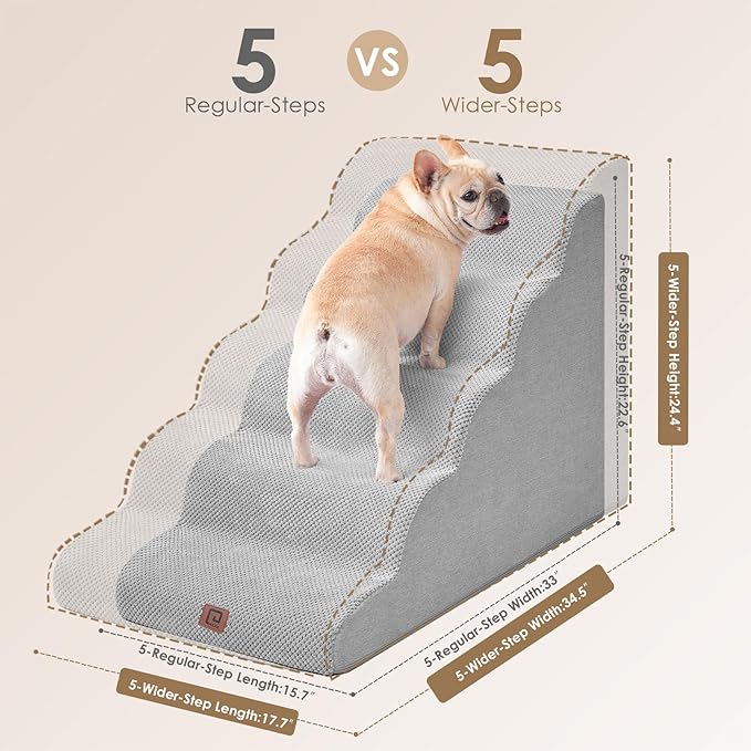 EHEYCIGA Curved Dog Stairs Ramp for High Beds, 5-Step Extra Wide Dog Steps for Small Dogs and Cats, Pet Stairs for High Bed Climbing, Non-Slip Balanced Pet Step Indoor, Light Grey