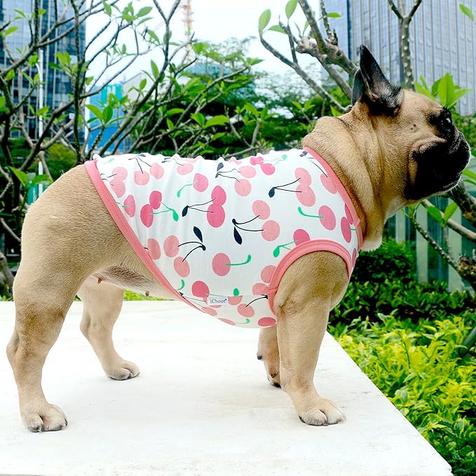 iChoue 100% Breathable Cotton French Bulldog Halloween Cartoon T Shirts Cute Clothes for Dogs Vest Tank Tops Puppy Frenchie Pug Small Puppy English Boston Terrier Cherry - Medium