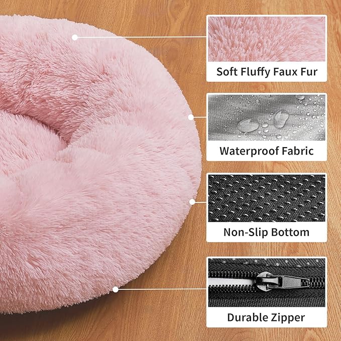 OhGeni Calming Donut Cat Bed Pillow for Small Pets, Machine Washable Removable Cover, Comfort Plush Fluffy Faux Fur with Anti-Slip Bottom, Dogs-Friendly Round Cuddly Design, Pink, 20 inches