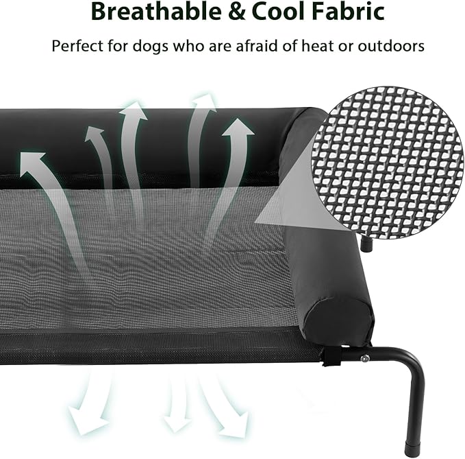Cooling Elevated Dog Bed for Large Dogs – Waterproof Raised Dog Cot with Slope Headrest, Breathable Teslin Mesh, Durable & Portable Pet Bed for Indoor and Outdoor Use, Black
