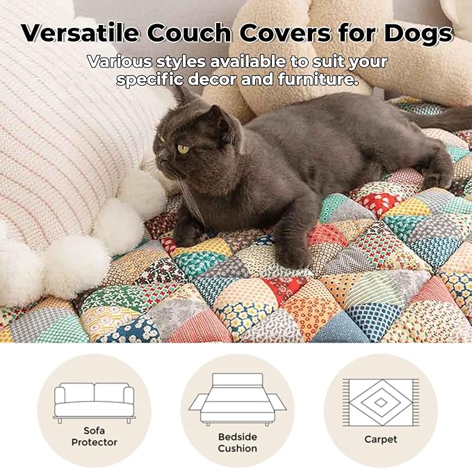 FUNNY FUZZY Pet Couch Covers for Sofa, Couch Covers for Dogs Washable Dog Couch Cover Protector Furniture Sofa Covers for Dog Handmade Pure Cotton Pet Bed Mat (Iris, 27.6"×59.1")