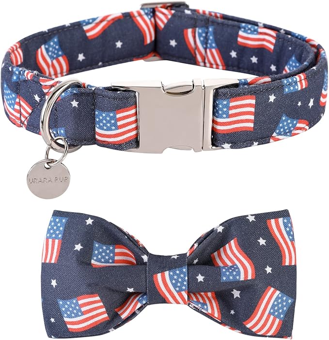 American Flag Dog Collar with Bow Tie, 4th of July Comfortable Cotton Cute Dog Collar with Metal Buckle, Patriotic Bowtie Collar for Puppy Girl Boy Dog or Cat, XS