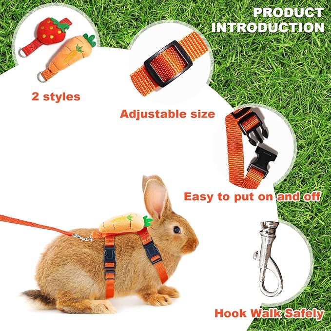 Bunny Harness and Leash for Rabbits,2 Pack Adjustable Bunny Harness,Cute Vest Harness and Leash Set, for Rabbit,Kitten, Puppy, Pig and Small Pet Animals