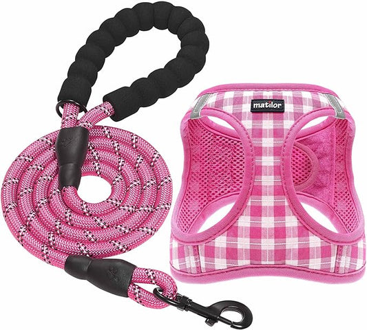 Dog Harness Step-in Breathable Puppy Cat Dog Vest Harnesses for Small Medium Dogs Pink Checkered