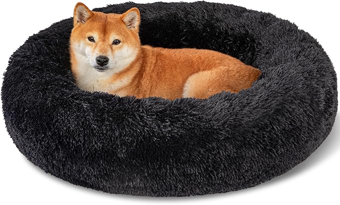 Dog Bed Calming Beds for Small Medium Large Dogs - Round Donut Washable Puppy Dog Bed, Anti-Slip Faux Fur Fluffy Donut Cuddle Anxiety Cat Pet Bed(32'' Black)