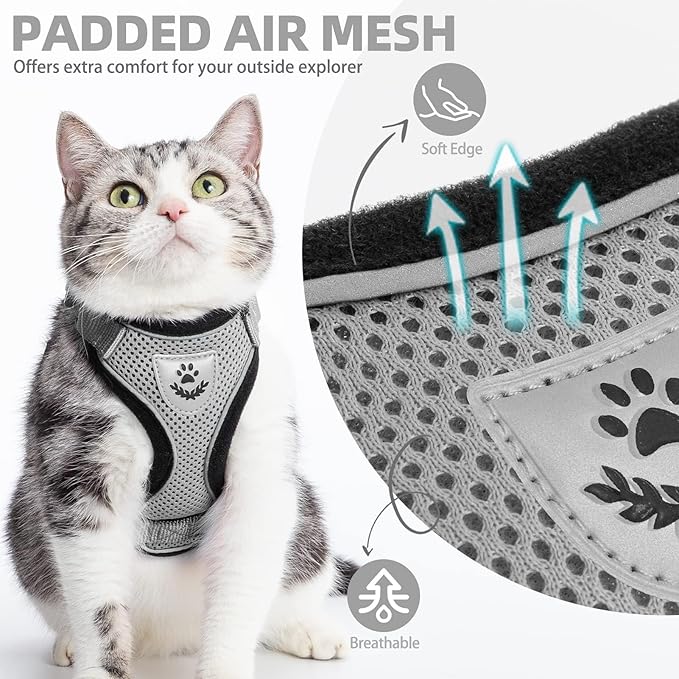 PUPTECK Cat Harness and Leash Set Escape Proof Reflective Cat Walking Harness Adjustable Soft Breathable Mesh Vest for Small Pets, Grey, M