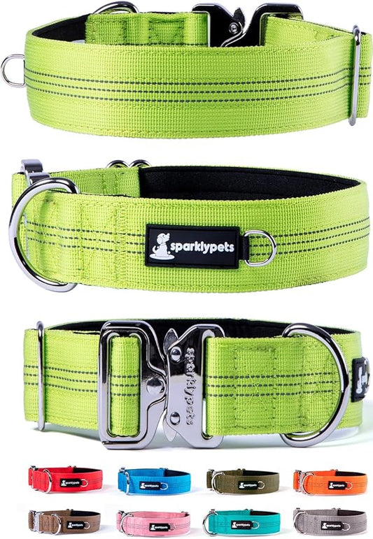SparklyPets Heavy Duty Wide Dog Collar with Quick Release Chrome Buckle – Thick Tactical Dog Collar with Reflective Stripes & Soft Lining – for Large & Medium Breeds