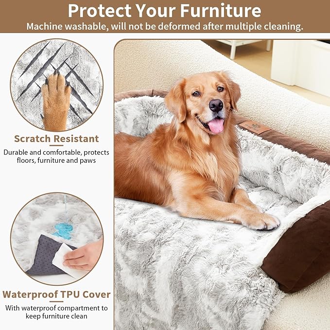 Calming Dog Couch Bed Mat, 45x37 Inch Waterproof Fluffy Sofa Cover, Furniture Protector with Handle, Removable and Washable Pet Bed for Large Dogs and Cats (Brown)