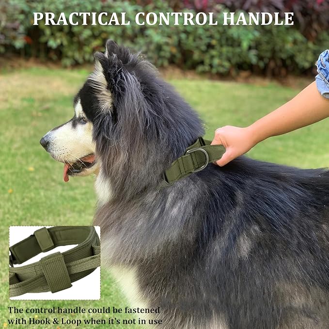 Tactical Dog Collar with Handle - Military Adjustable Dog Training Collar Soft Nylon and Heavy Duty Metal Buckle for Medium Large Dogs - with Patch (Green, Medium)