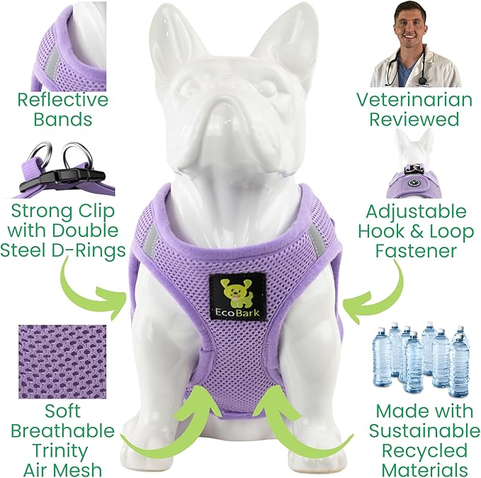 EcoBark Step in Dog Harness - Eco-Friendly Dog Harnesses for Small and Medium Breed Dogs - Reflective and Adjustable Body Halter Vest - Soft Mesh Toy Breed Harness (Lavender, Large)