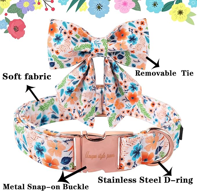 Unique Style Paws Cotton Dog Collar with Bow Floral Plaid Colorful Dog Collar with Bow Tie for Small Medium Large Dogs Pets Gifts