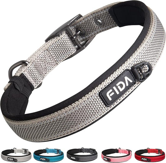 Fida Heavy Duty Dog Collar, Ultra Comfortable Soft Neoprene Padded, Adjustable Reflective Nylon Pet Collar with Durable Metal Belt Buckle for Large Breeds (L, Grey)
