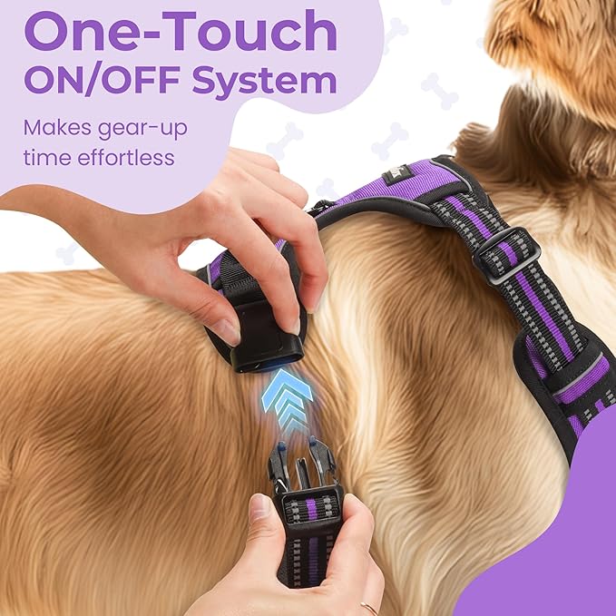 Funfox Dog Harness No Pull, Adjustable Pet Vest Harness Purple L with Handle, 2 Leash Clips for Daily Walking Easy Control, Soft Durable Reflective Comfortable for Large Breed Dogs
