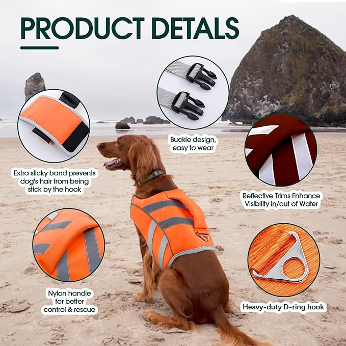 Kuoser Reflective Dog Life Jacket, Adjustable High Visibility Vest with Ripstop Material for Small, Medium & Large Dogs