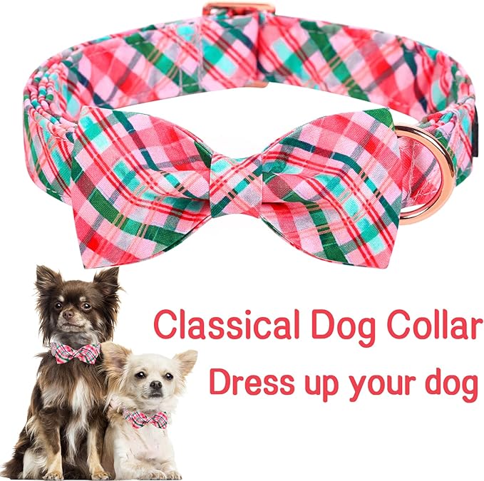 Unique style paws Dog Collar with Bow Pink & Green Plaid Dog Collar Best Gifts for Small Medium Large Dogs -M