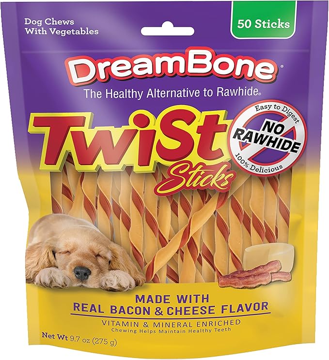 Dreambone Twist Sticks with Real Bacon and Cheese Flavor 50 Count, Rawhide-Free Chews for Dogs (3 Pack)
