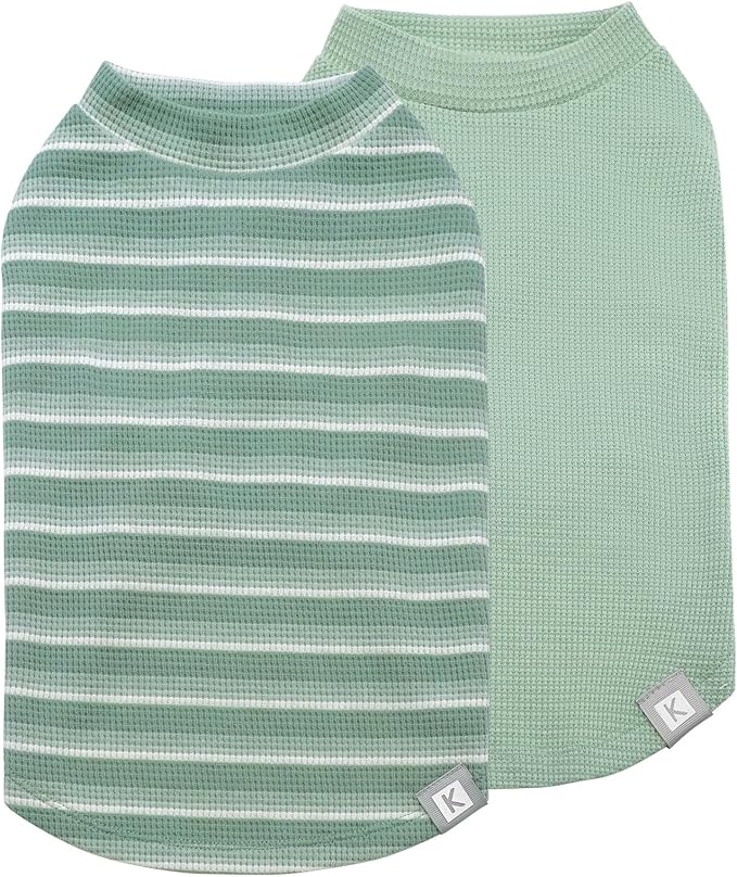 KYEESE 2Pack Waffle Dog Shirts for Small Dogs Stretchy T-Shirts Lightweight Tank Top Sleeveless Striped Vest Breathable Cat Tee, Medium, Green+Striped