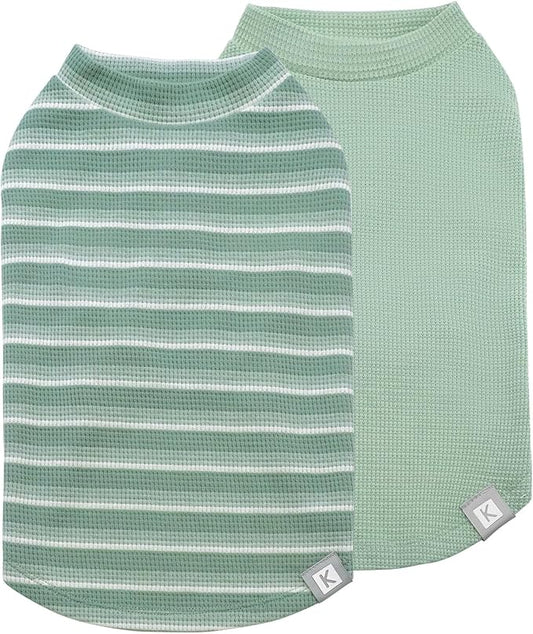 KYEESE 2Pack Waffle Dog Shirts for Small Dogs Stretchy T-Shirts Lightweight Tank Top Sleeveless Striped Vest Breathable Cat Tee, Medium, Green+Striped