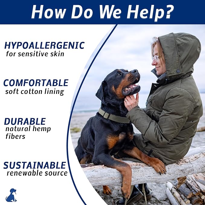 Khaki Hemp Dog Collar - Hypoallergenic Dog Collar - Comfortable for Sensitive Skin or Allergies with no Harsh Dyes or Chemicals - 5 Sizes from X-Small to x-Large Breeds