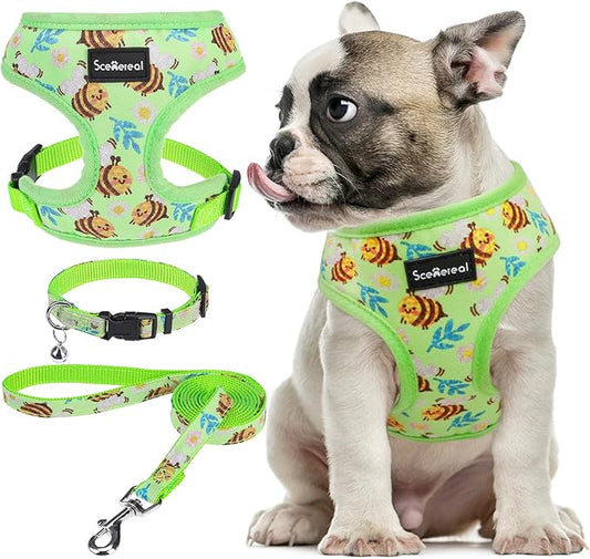 SCENEREAL Small Dog Harness and Leash Collar Set - No Pull Dog Harness for Small & Medium Sized Dogs - Soft Mesh Vest for Puppies, Chihuahua, Yorkie, Spring Summer Hiking Walking, Green Bee M