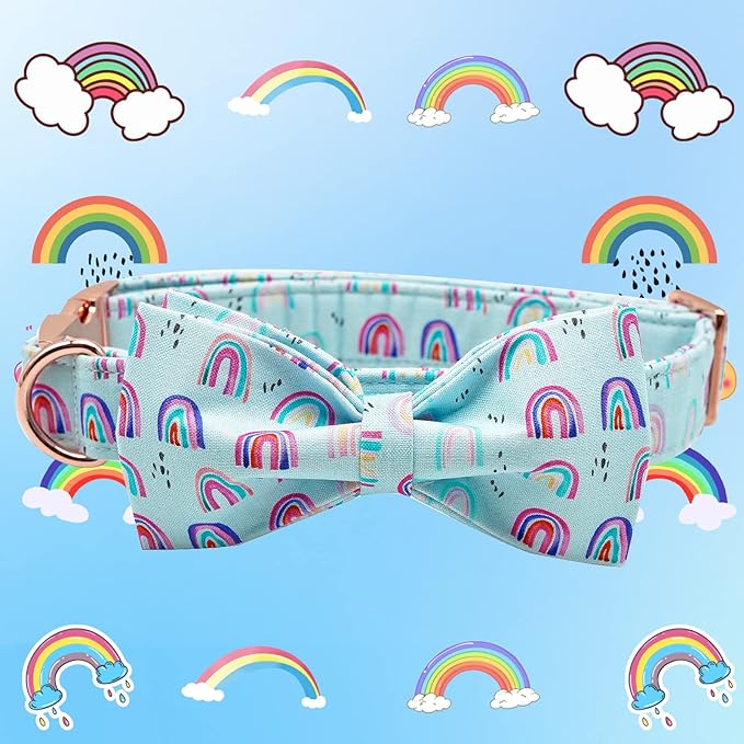 Dog Collar, Summer Rainbow Print Adjustable Dog Bow Collar Girl or Boy Pet Collar Bowtie Duarble Dog Collars for Small Medium Large Dog