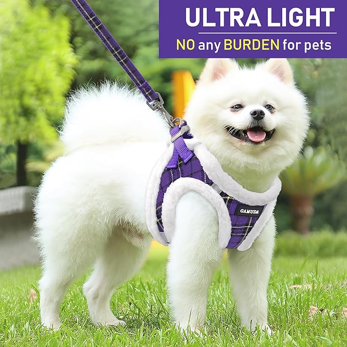 GAMUDA Small Dog Harness Collar and Leash Set, Step in No Chock No Pull Soft Mesh Adjustable Dog Vest Harnesses Plaid Reflective for Dogs Puppy Cats Kitten Rabbit (Warm Purple, S)