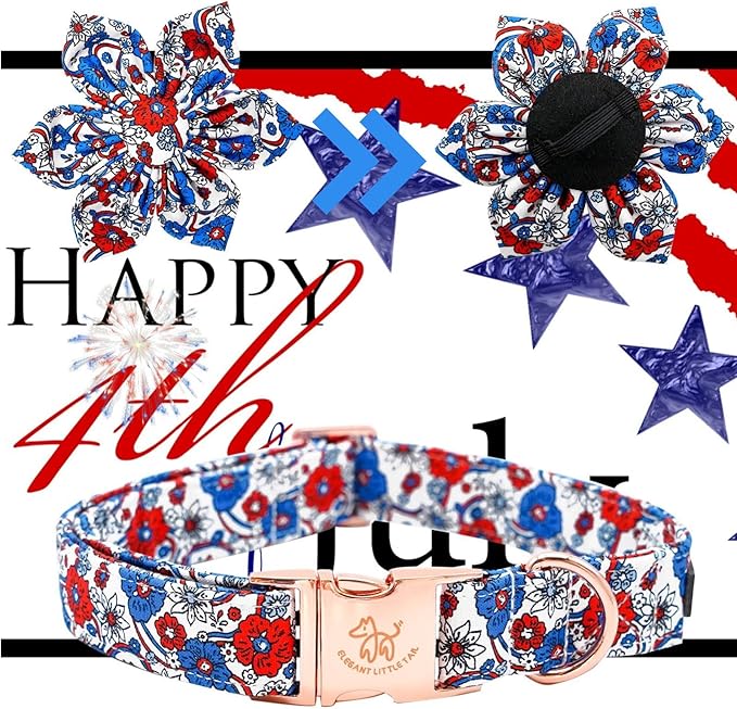 Elegant little tail Independence Dog Collar, Blue with Red Flower Dog Collars Holiday Dog Collar with Flower Pet Gift Adjustable Puppy Collar for X-Small Puppy