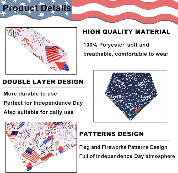 ADOGGYGO American Flag Dog Bandana, White Blue 4th of July Flag Pet Scarf, Premium Durable Fabric, Adjustable Fit 4th of July Bandanas for Small Dogs Pets (Small)