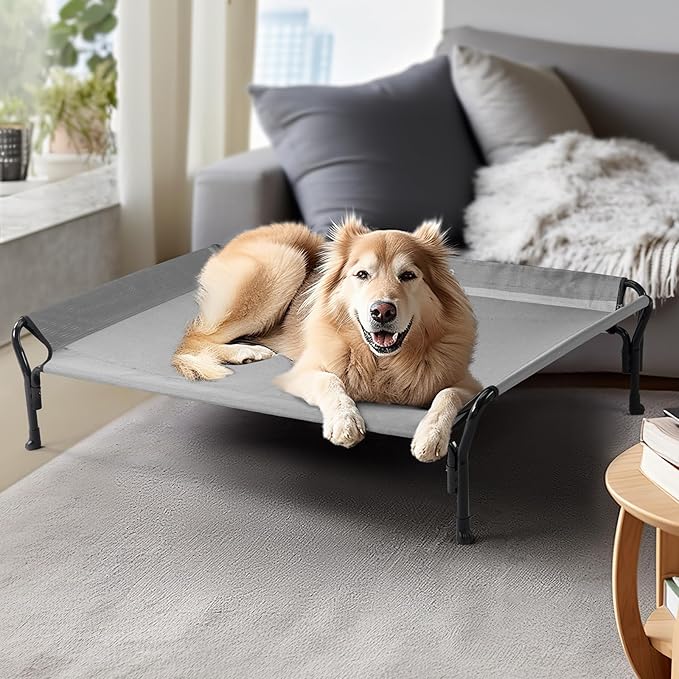 Veehoo Cooling Elevated Dog Bed, XL Raised Pet Cot with Guardrail & Slope Headrest, Durable Breathable Teslin Mesh, Non-Slip Feet, Washable Dog Couch Bed for Indoor & Outdoor, 50.5" x 33.5, Gray