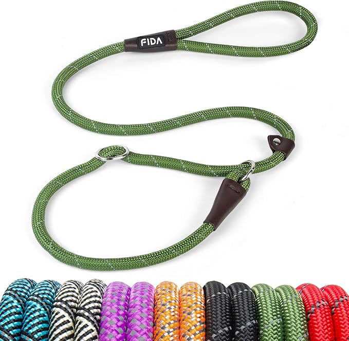 Fida Slip Leads for Dogs - 4 FT x 1/2" Heavy Duty Comfortable Strong Rope Leash for Large, Medium Dogs - No Pull Pet Training Leash with Highly Reflective, Green
