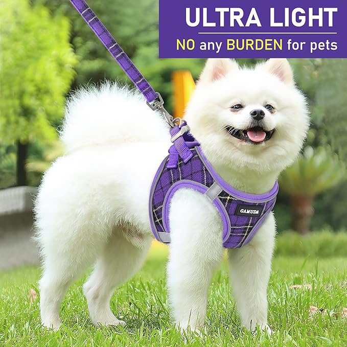 GAMUDA Small Dog Harness Collar and Leash Set, Step in No Chock No Pull Soft Mesh Adjustable Dog Vest Harnesses Plaid Reflective for Dogs Puppy Cats Kitten Rabbit (Purple, XL)
