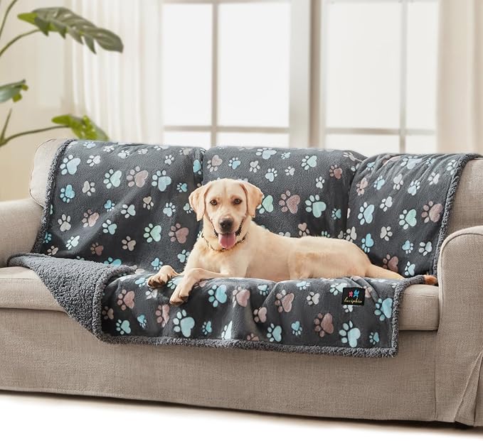 Luciphia Waterproof Pet Blankets for Couch Sofa Bed Cover Liquid Pee Proof Washable Soft Fluffy Large Dog Blanket Reversible Furniture Protection Grey Paw Thicken Large（65" x 57"）
