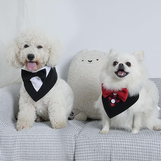 Cyeollo 2pack Dog Tuxedo Bandanas, Red Plaid & Black Plaid Dog Tux with Bowtie Adjustable Wedding Collar Pet Party Tux Bandana Christmas Costume XS