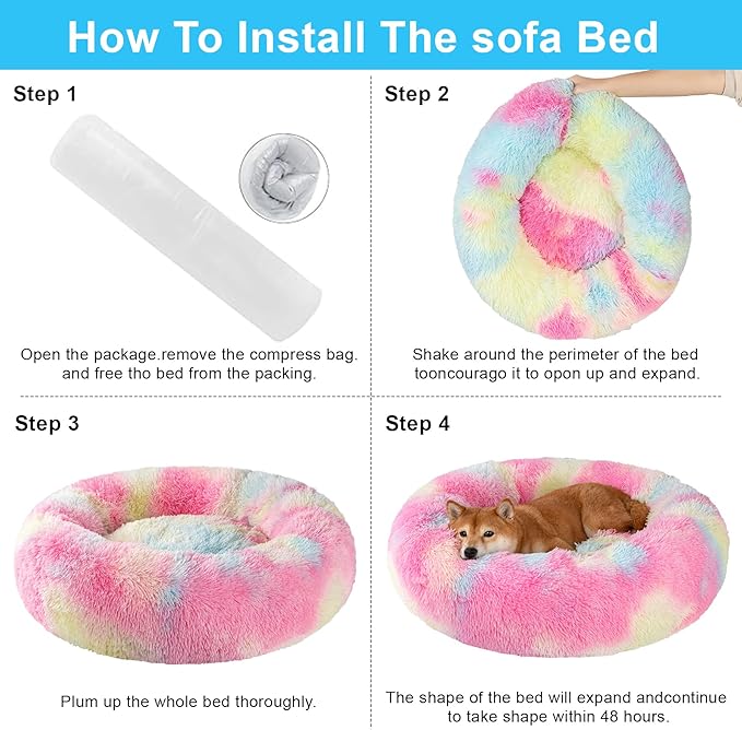 Dog Calming Beds for Small Medium Large Dogs - Round Donut Washable Puppy Dog Bed, Anti-Slip Faux Fur Fluffy Donut Cuddle Anxiety Cat Pet Bed(24'' Color)
