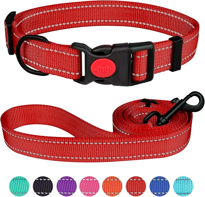 Reflective Dog Collar and Leash Set with Safety Locking Buckle Nylon Pet Collars Adjustable for Small Medium Large Dogs 3 Sizes(Red&L)