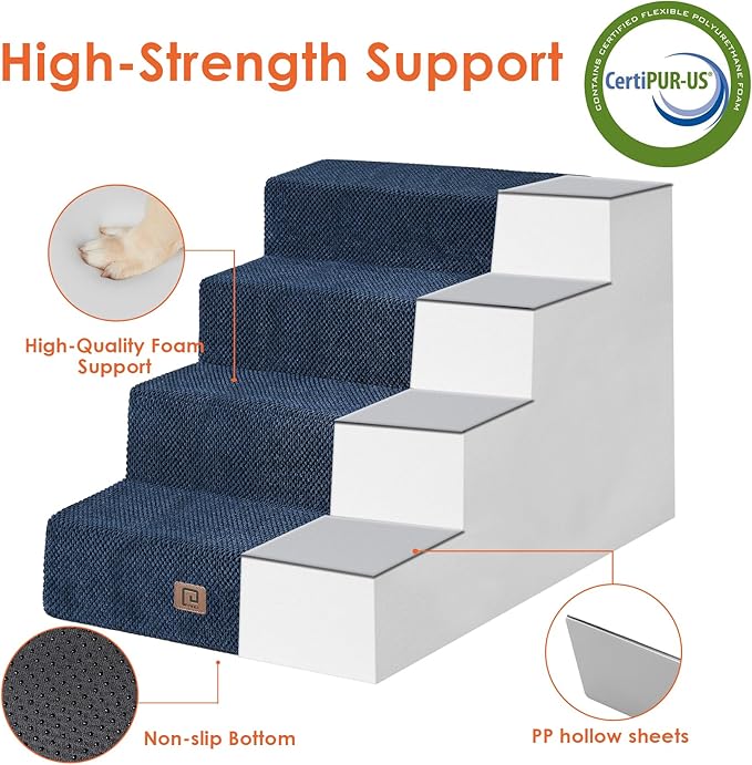 EHEYCIGA Dog Stairs for Bed 20”H, 4-Step Extra Wide Dog Steps for High Bed, Pet Steps for Small Dogs and Cats, Non-Slip Balanced Pet Indoor Ramp, Navy Blue