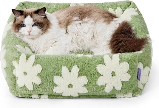 Lesure Cute Cat Beds for Indoor Cats - Washable Kitten Puppy Beds,Cozy Rectangle Orthopedic Pet Sofa with Jacquard Shaggy Plush & Anti Slip Bottom,20x19x6inches
